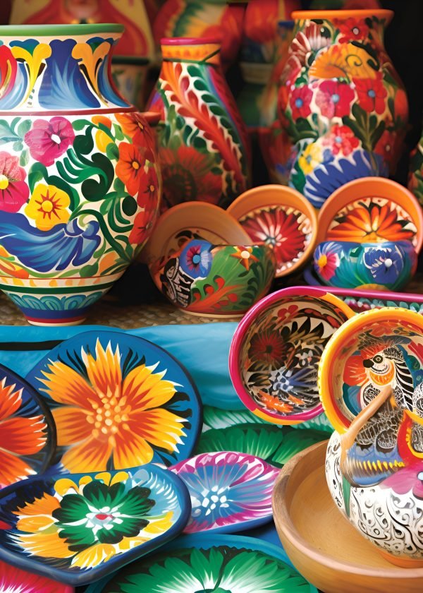 Colorful ceramics on the counter in the market. Souvenirs